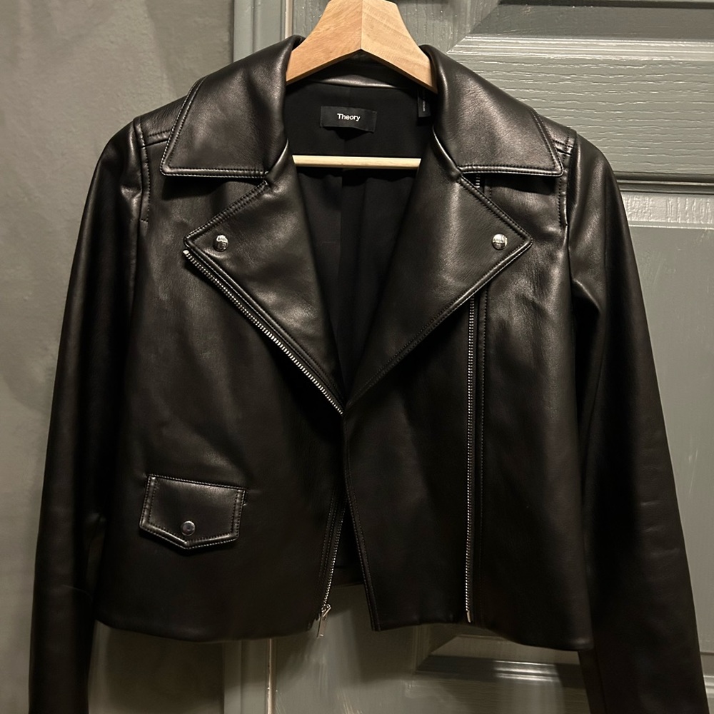 Theory moto cropped faux leather jacket